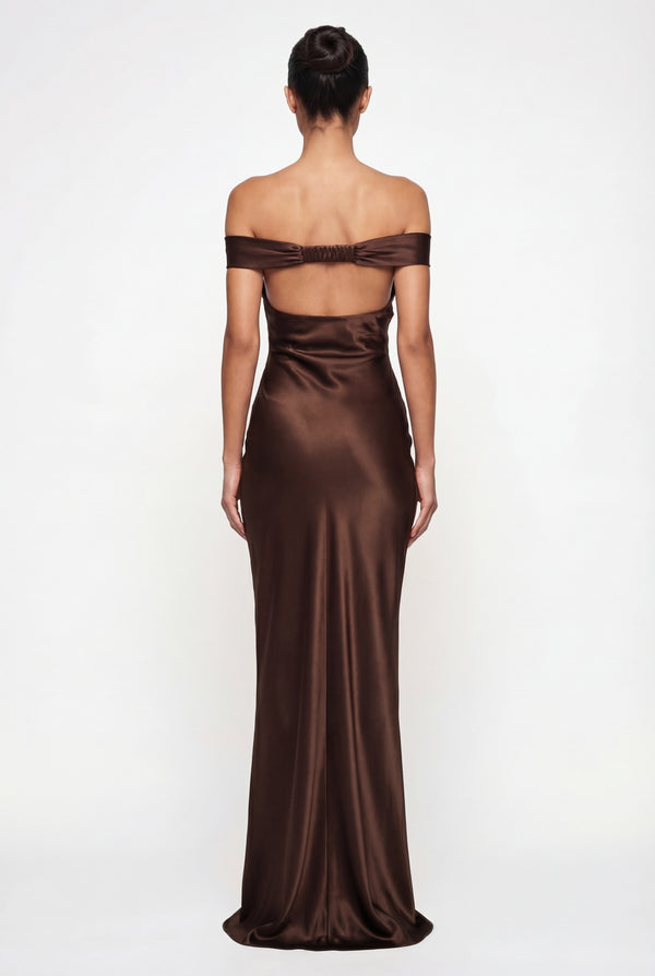 Keely Off-Shoulder Satin Maxi Dress – Brown