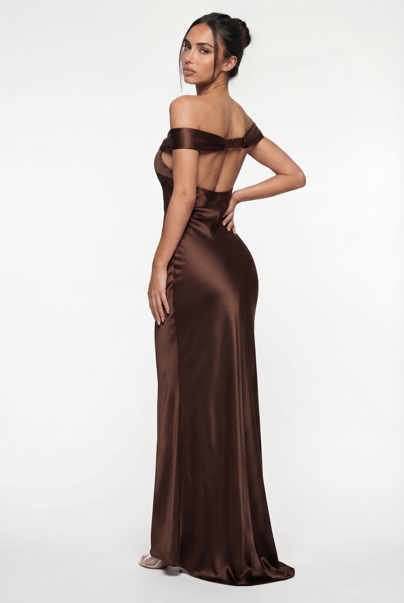 Keely Off-Shoulder Satin Maxi Dress – Brown