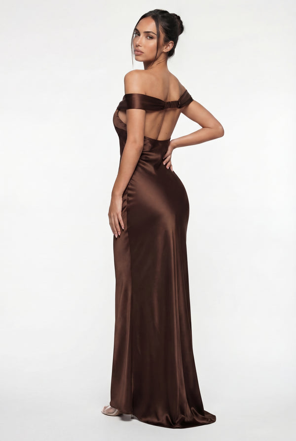 Keely Off-Shoulder Satin Maxi Dress – Brown