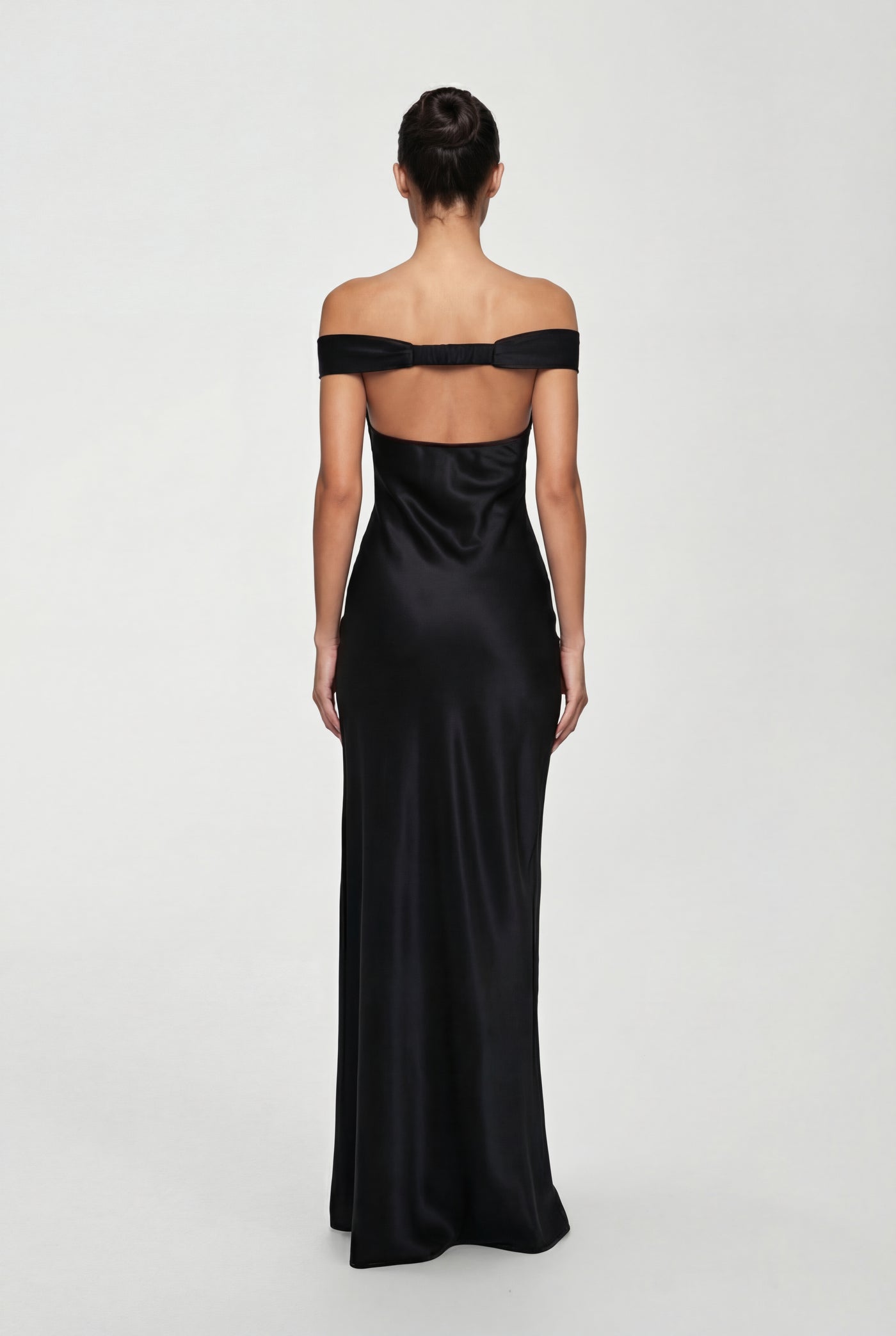 Keely Off-Shoulder Satin Maxi Dress – Black