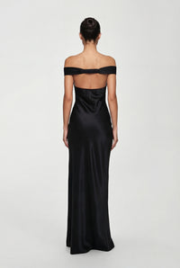 Keely Off-Shoulder Satin Maxi Dress – Black