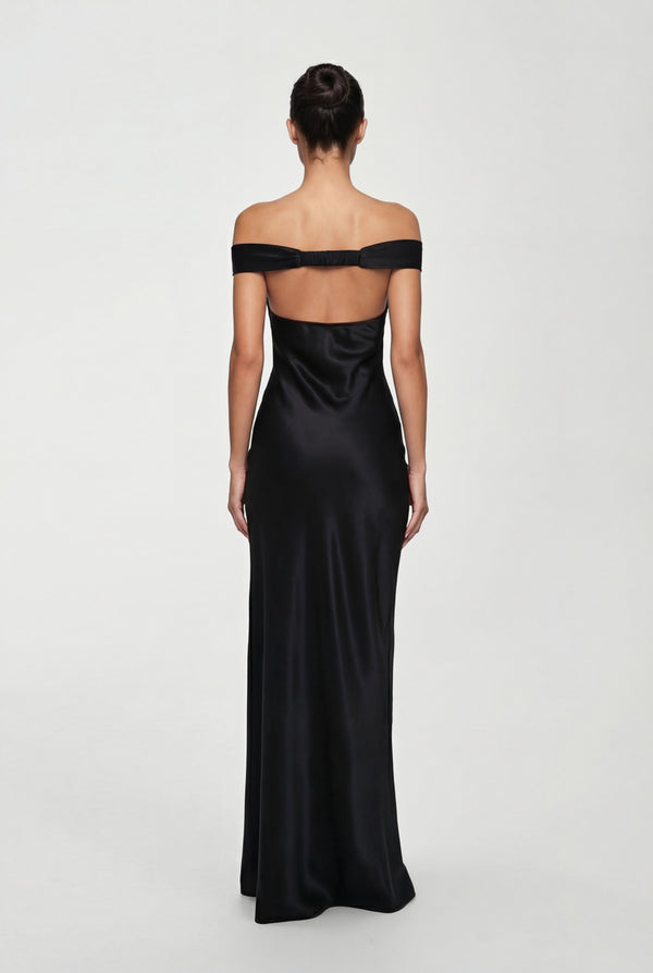 Keely Off-Shoulder Satin Maxi Dress – Black