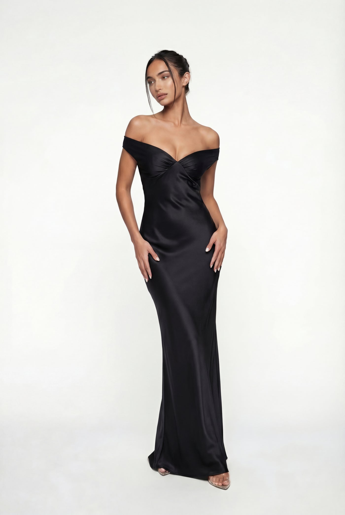 Keely Off-Shoulder Satin Maxi Dress – Black