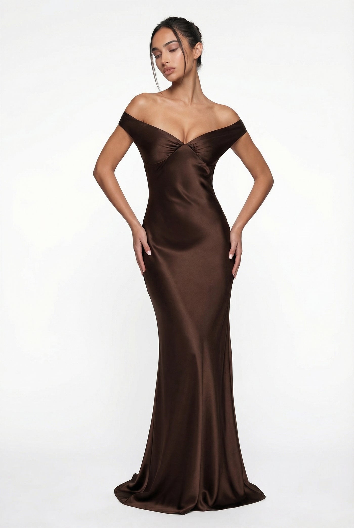 Keely Off-Shoulder Satin Maxi Dress – Brown