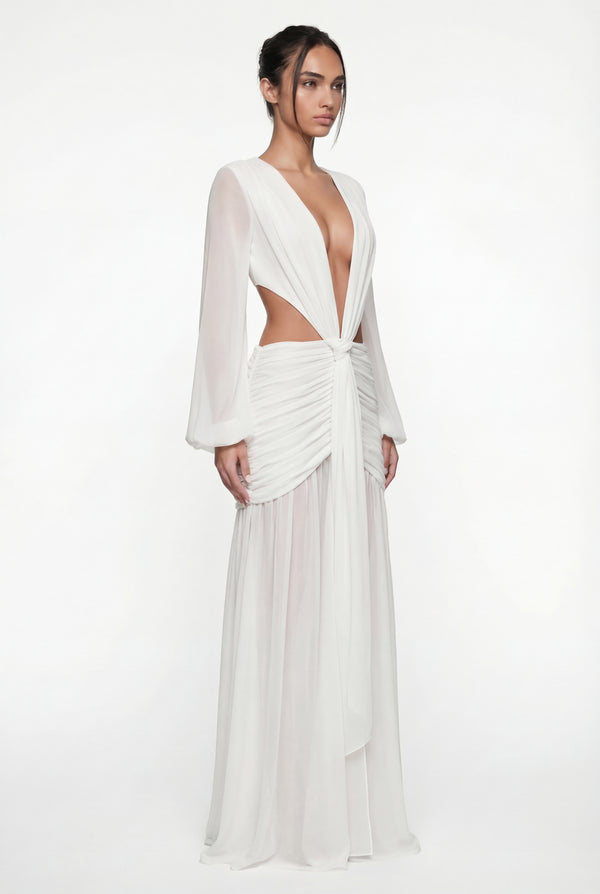 Raya Ruched Cut-Out Maxi Dress – White