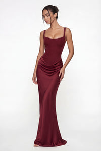 Laura Corset Ruched Maxi Dress – Burgundy