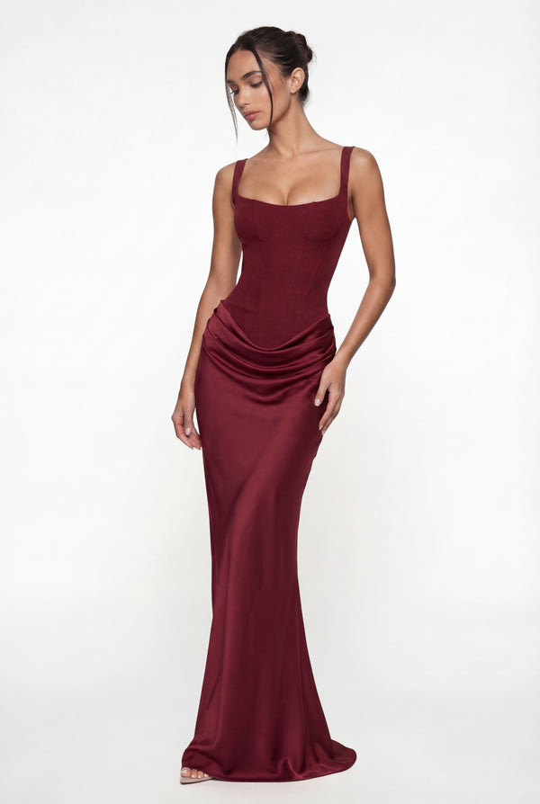 Laura Corset Ruched Maxi Dress – Burgundy