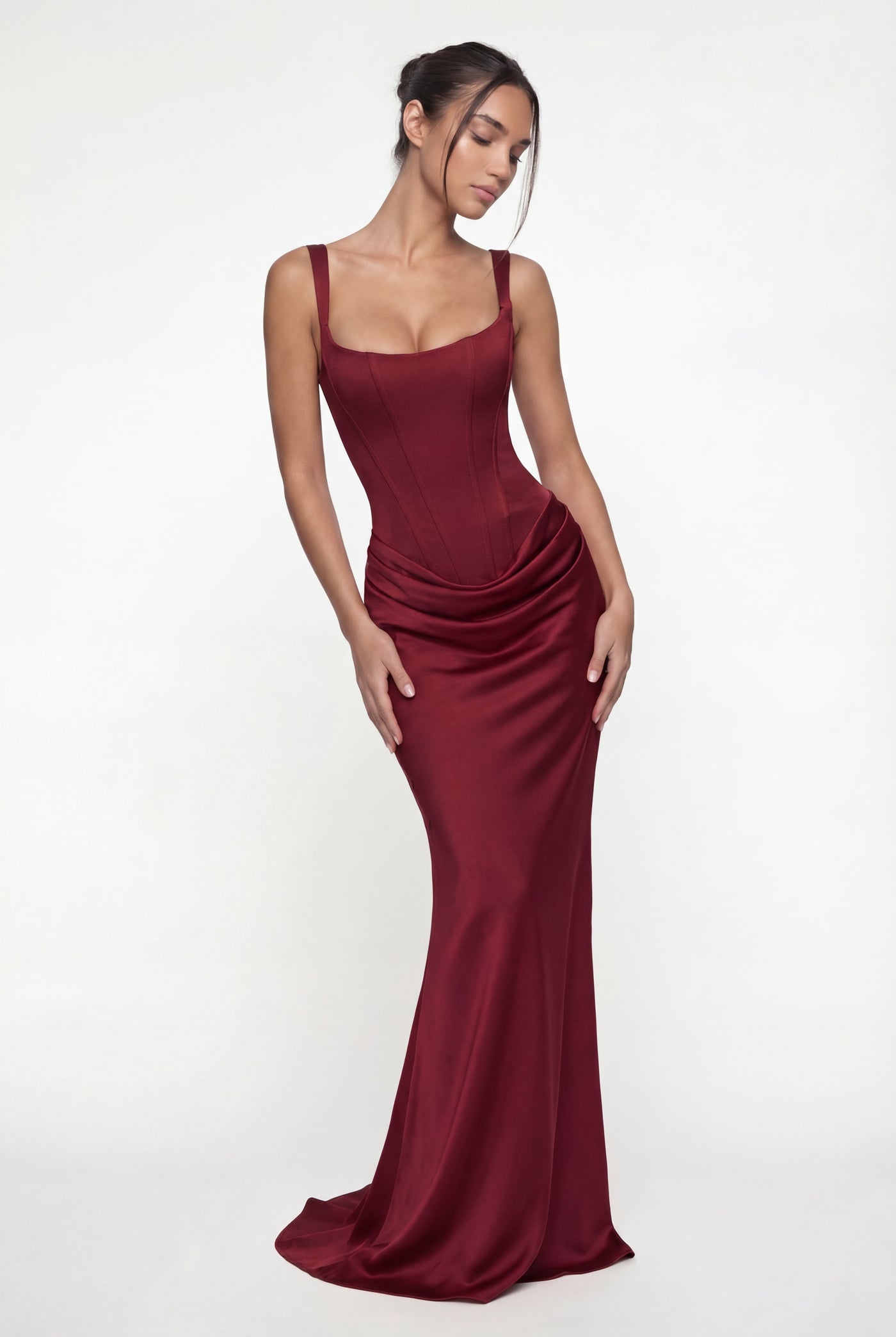 Laura Corset Ruched Maxi Dress – Burgundy