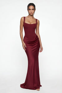 Laura Corset Ruched Maxi Dress – Burgundy