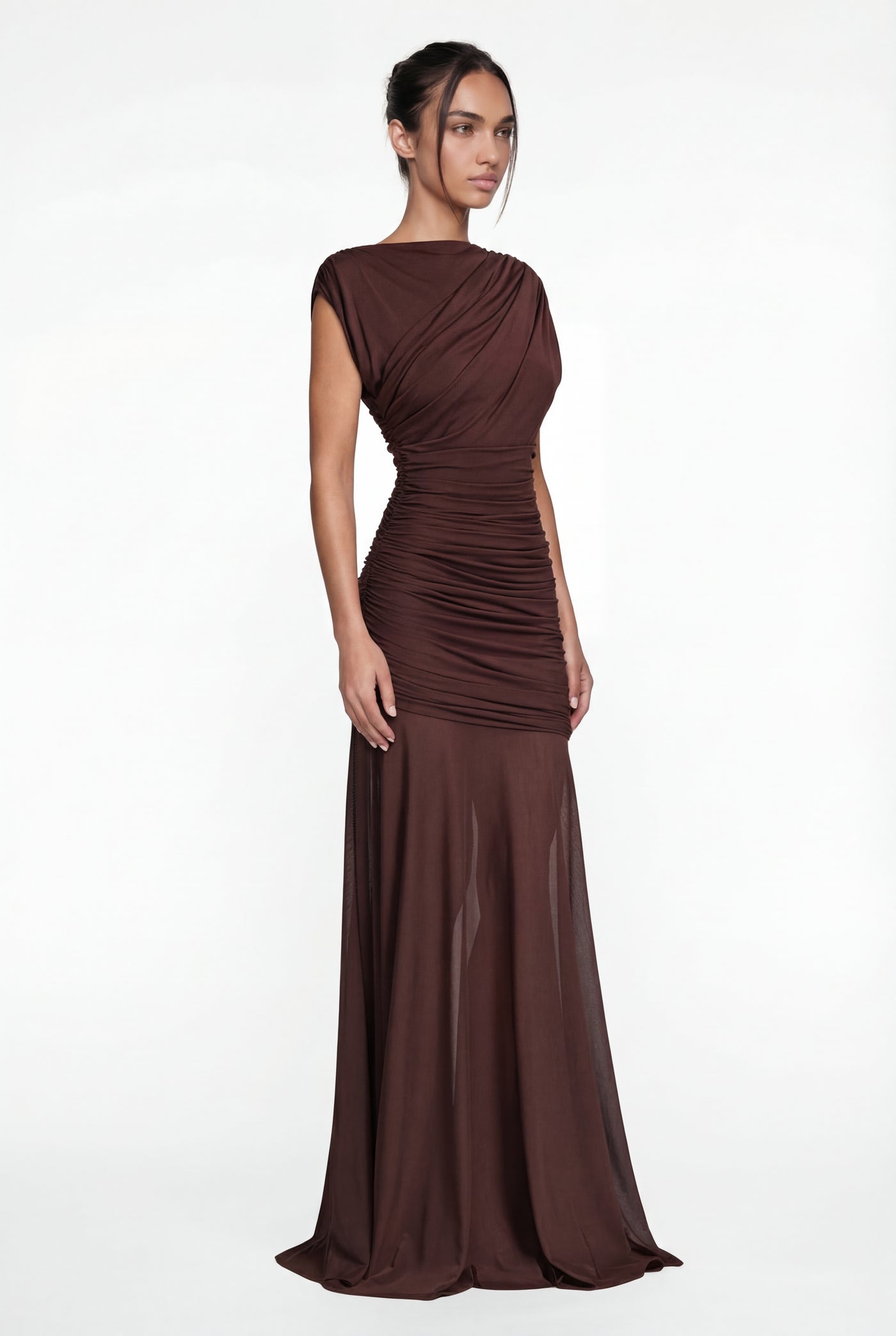 Amaya Sculpted Drape Maxi Dress - Brown