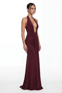 Amelita Deep Plunge Sculpt Maxi Dress - Burgundy