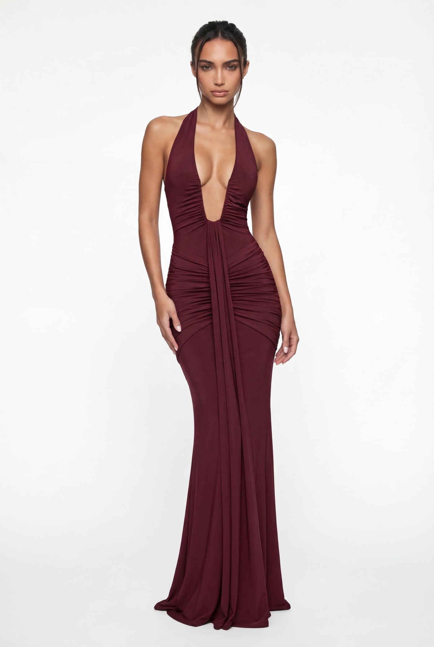Amelita Deep Plunge Sculpt Maxi Dress - Burgundy