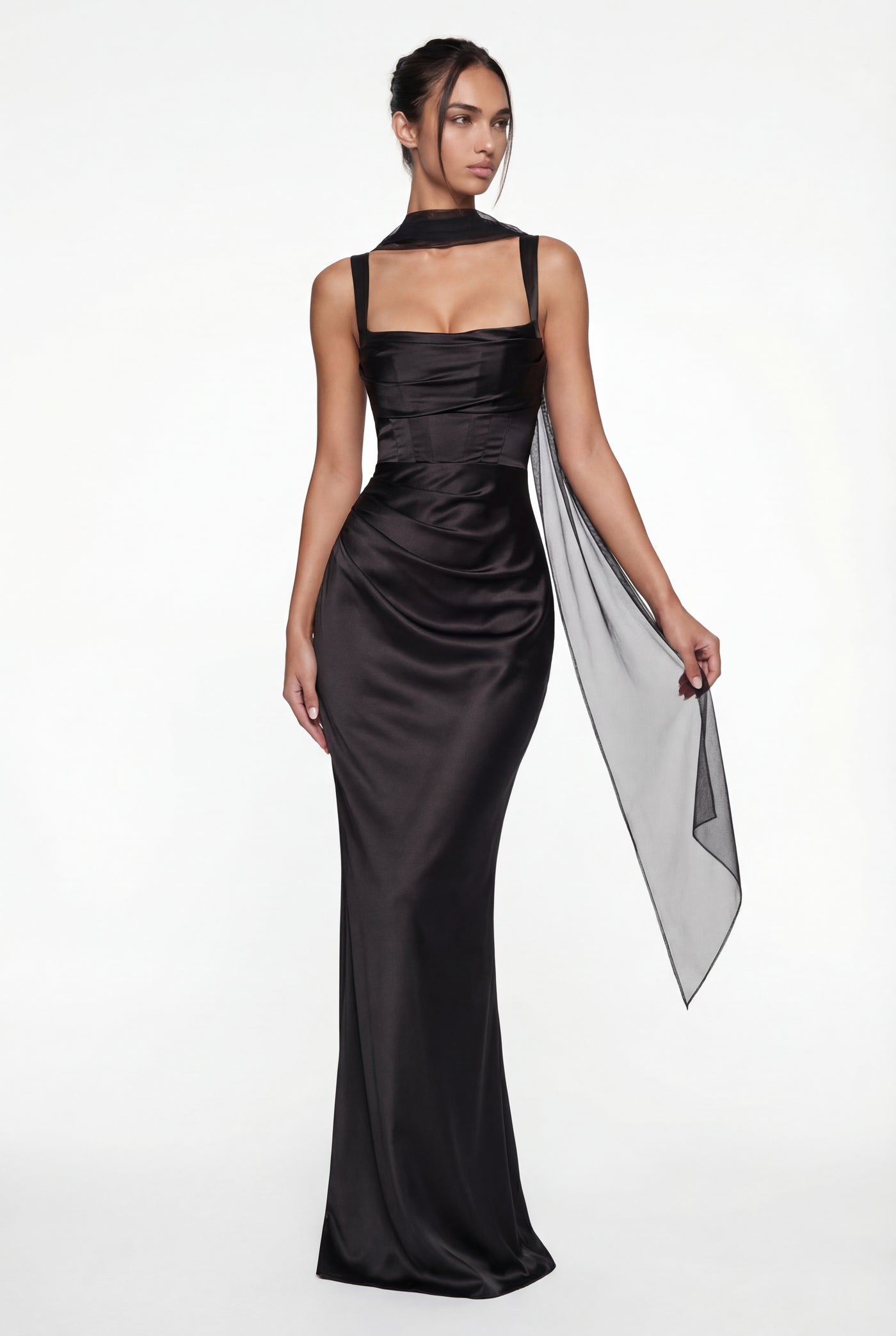 Angelina Structured Satin Corset Maxi Dress with Scarf - Black