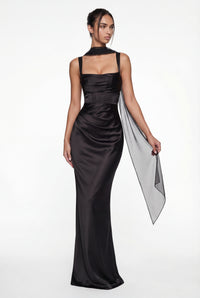 Angelina Structured Satin Corset Maxi Dress with Scarf - Black