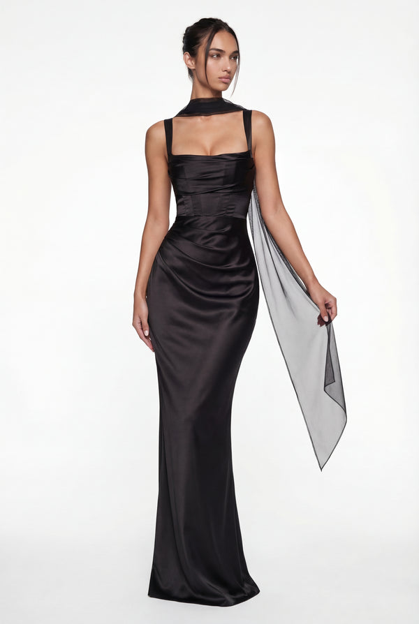 Angelina Structured Satin Corset Maxi Dress with Scarf - Black