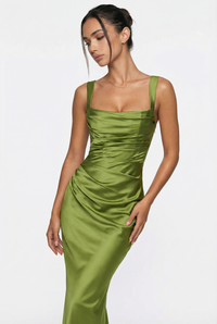 Angelina Structured Satin Corset Maxi Dress with Scarf – Green