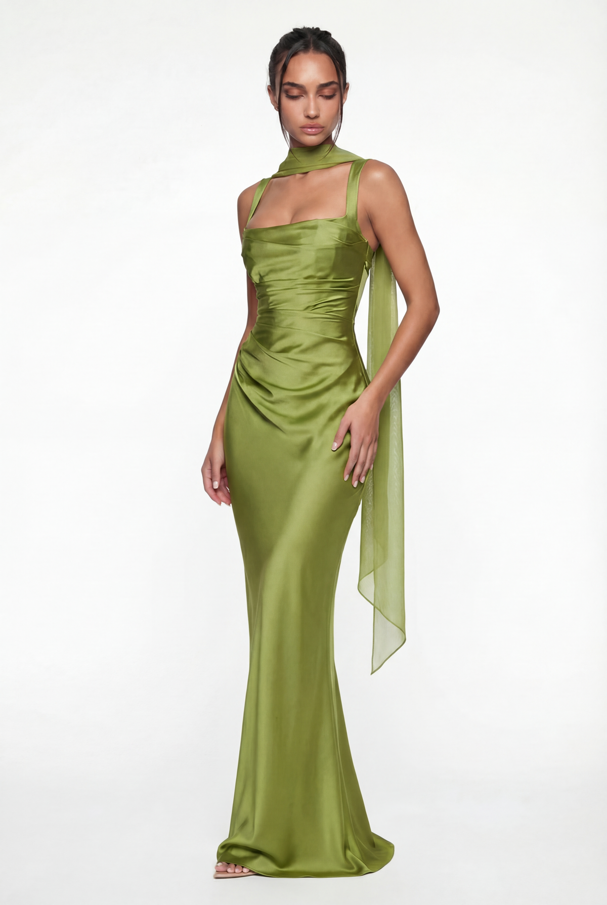 Angelina Structured Satin Corset Maxi Dress with Scarf – Green – Be My Shine
