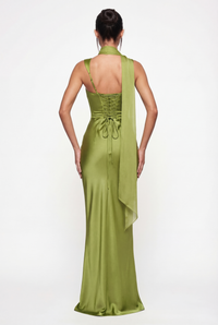 Angelina Structured Satin Corset Maxi Dress with Scarf