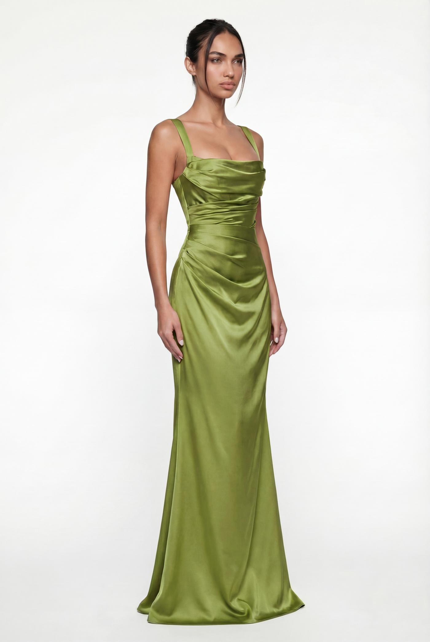 Angelina Structured Satin Corset Maxi Dress with Scarf – Green