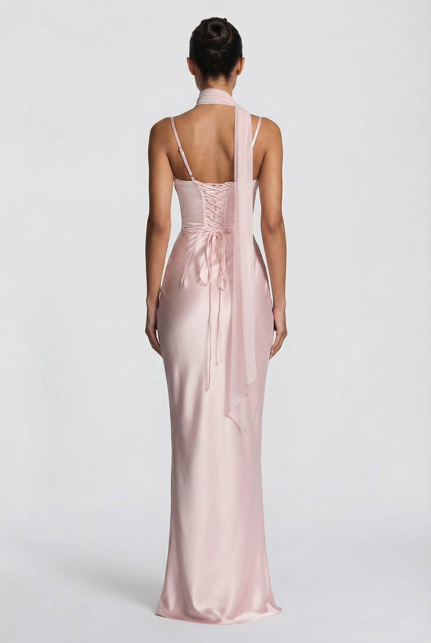 Angelina Structured Satin Corset Maxi Dress with Scarf - Pink
