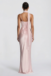 Angelina Structured Satin Corset Maxi Dress with Scarf - Pink