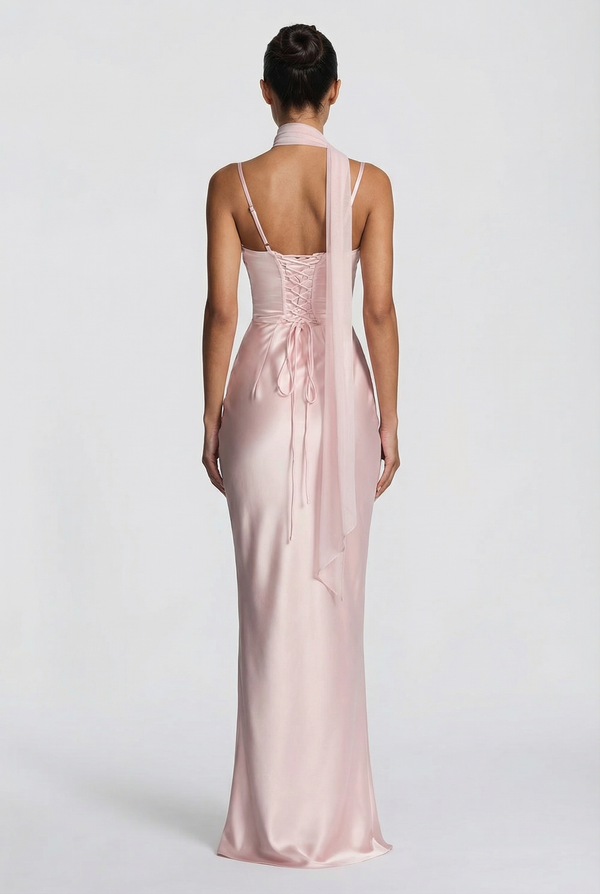 Angelina Structured Satin Corset Maxi Dress with Scarf - Pink