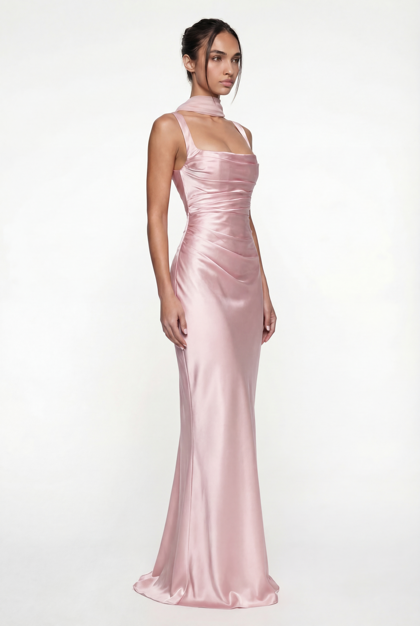 Angelina Structured Satin Corset Maxi Dress with Scarf - Pink