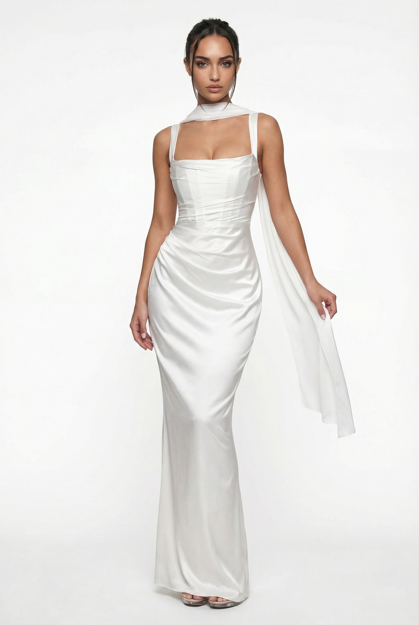 Angelina Structured Satin Corset Maxi Dress with Scarf - White