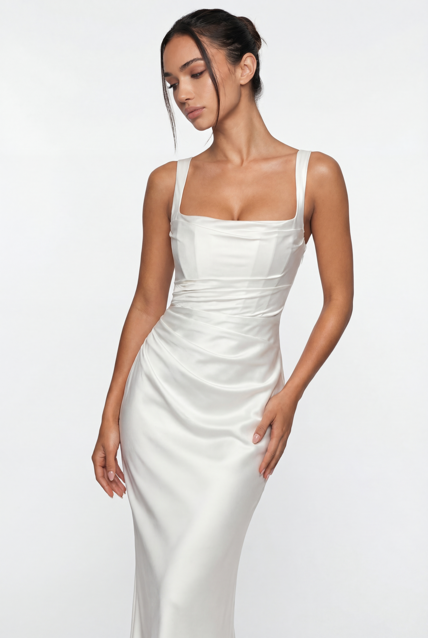 Angelina Structured Satin Corset Maxi Dress with Scarf - White