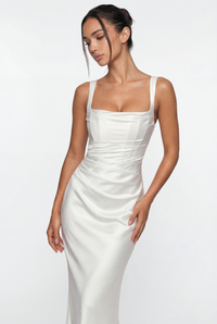 Angelina Structured Satin Corset Maxi Dress with Scarf - White