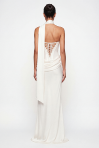 Andina Draped Corset Maxi Dress with Gloves & Scarf - White