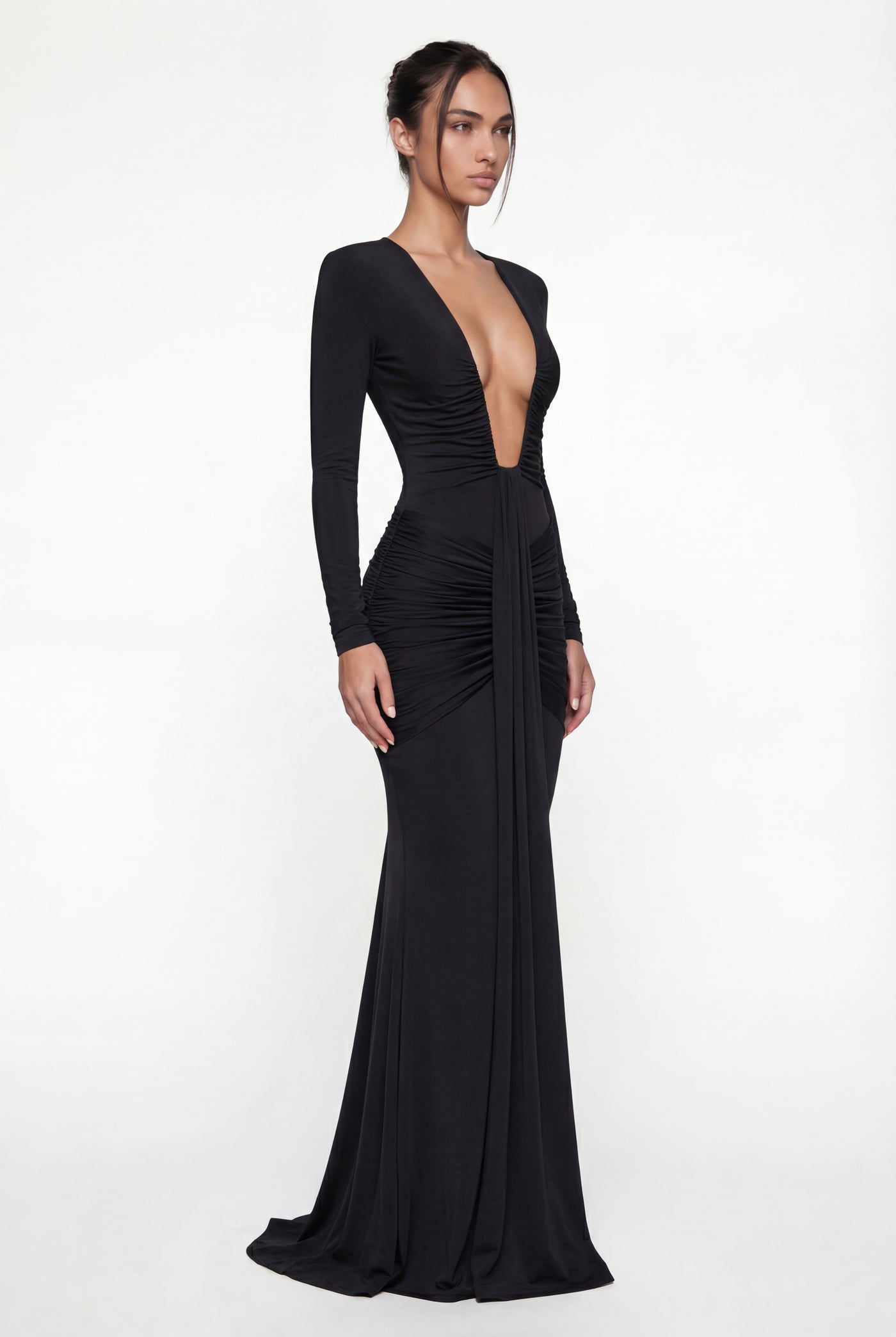 Bella Ruched Deep Plunge Maxi Dress – Black