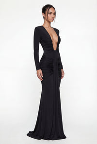 Bella Ruched Deep Plunge Maxi Dress – Black