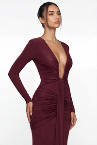 Bella Ruched Deep Plunge Maxi Dress – Burgundy