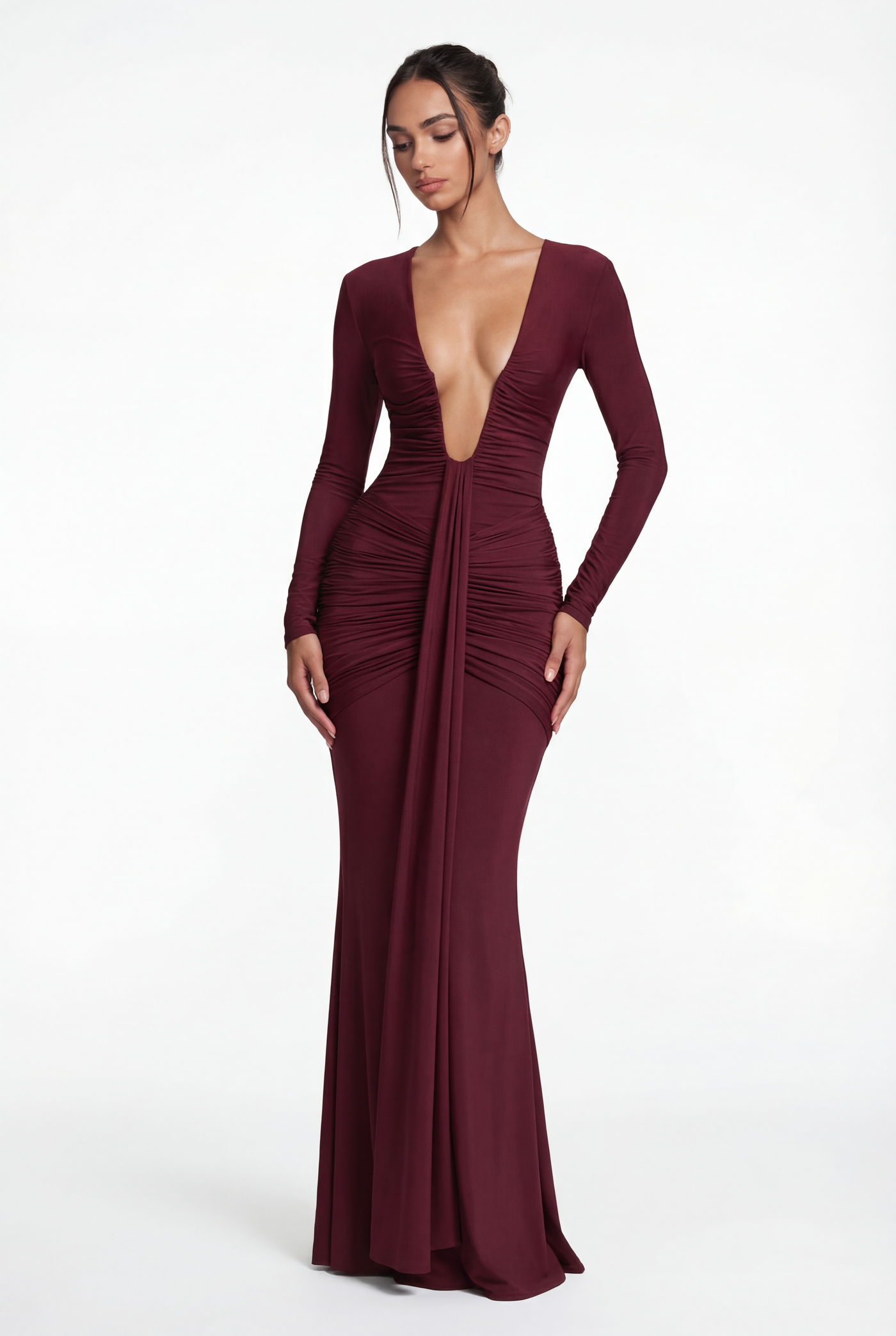 Bella Ruched Deep Plunge Maxi Dress – Burgundy