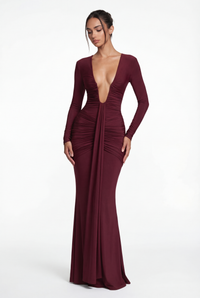 Bella Ruched Deep Plunge Maxi Dress – Burgundy