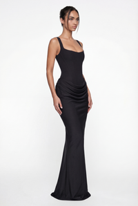 Laura Corset Ruched Maxi Dress – Black