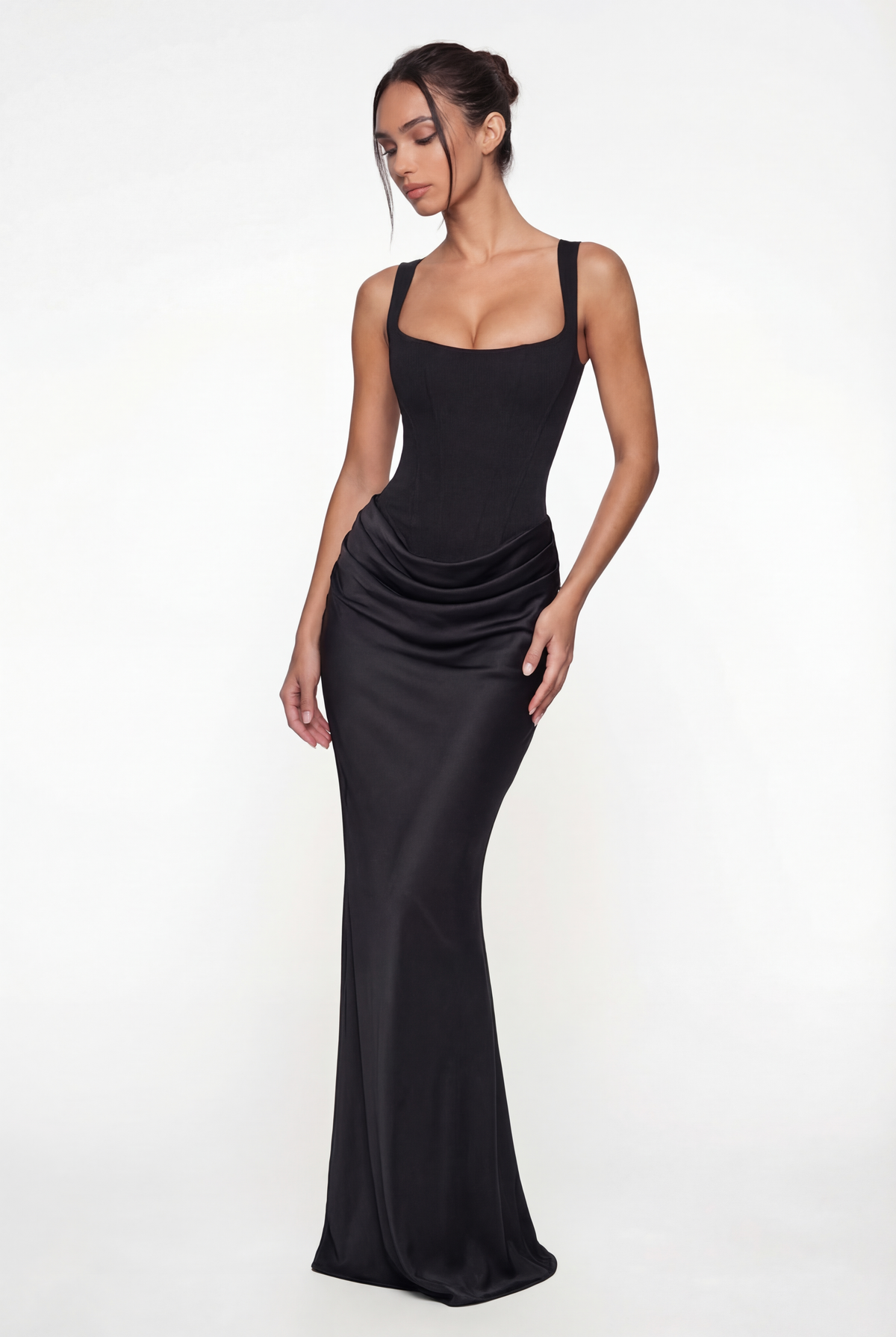 Laura Corset Ruched Maxi Dress – Black