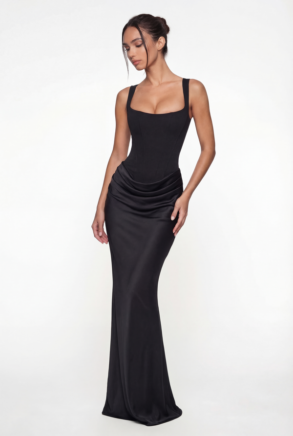 Laura Corset Ruched Maxi Dress – Black