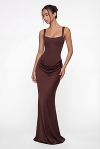 Laura Corset Ruched Maxi Dress – Brown