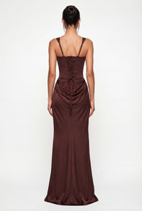 Laura Corset Ruched Maxi Dress – Brown