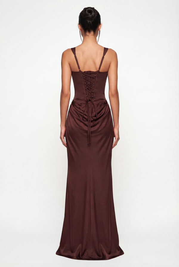Laura Corset Ruched Maxi Dress – Brown