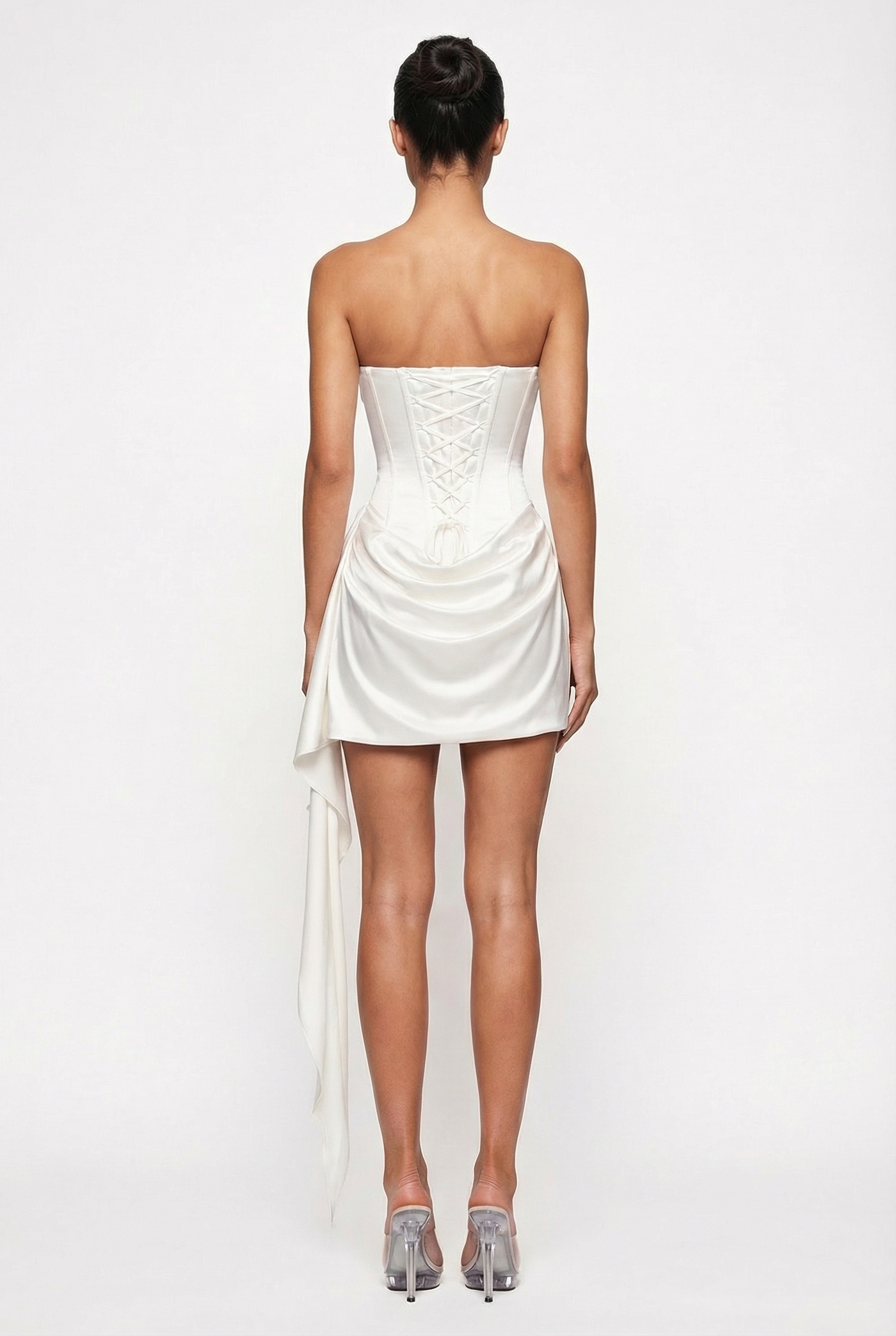 Blanca Draped Satin Corset Mini Dress with Scarf – White