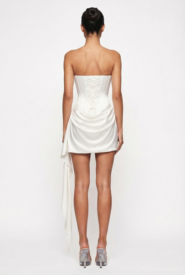Blanca Draped Satin Corset Mini Dress with Scarf – White