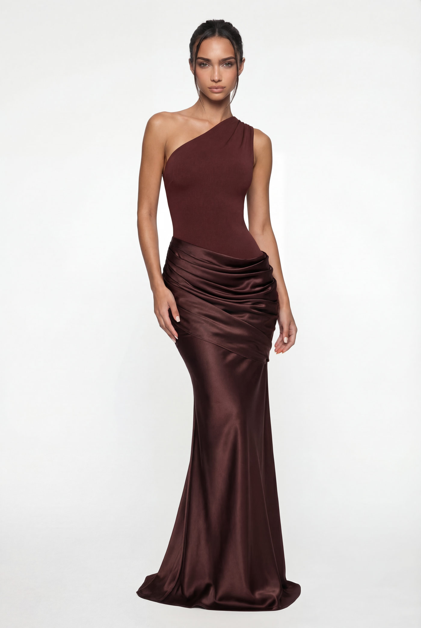 Liliane Asymmetric Draped Satin Maxi Dress – Brown
