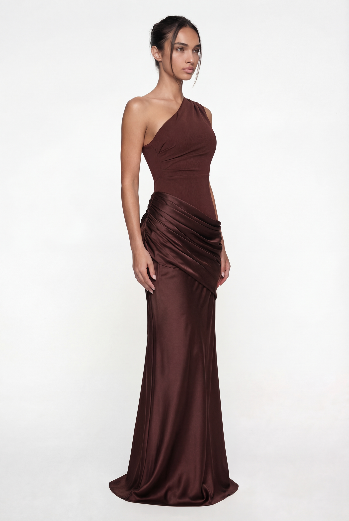 Liliane Asymmetric Draped Satin Maxi Dress – Brown