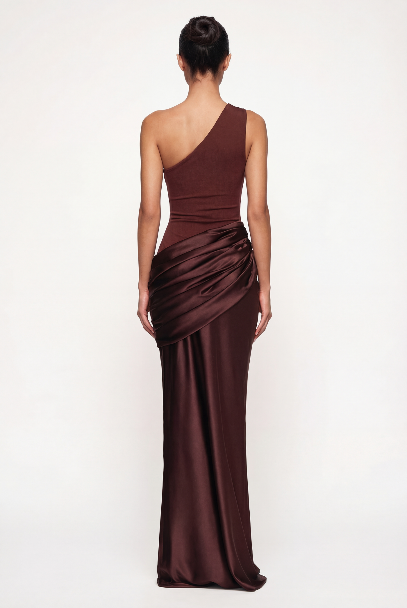 Liliane Asymmetric Draped Satin Maxi Dress – Brown