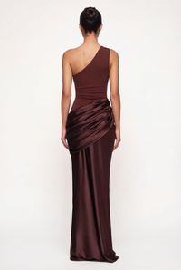 Liliane Asymmetric Draped Satin Maxi Dress – Brown