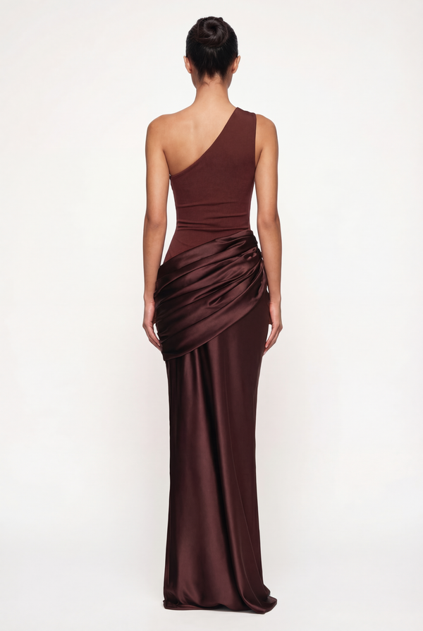 Liliane Asymmetric Draped Satin Maxi Dress – Brown