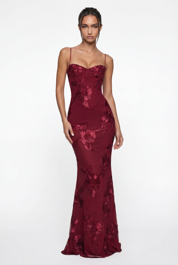 Lucy Lace-Up Corset Maxi Dress – Burgundy